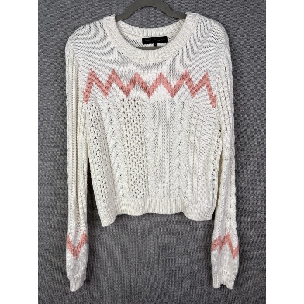 House Of Harlow Sweater Womens Medium White Pink Zigzag Crop Cable Knit Revolve